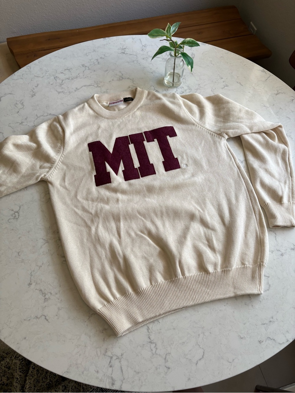 MIT Cream Crewneck Sweater with Maroon Appliqué